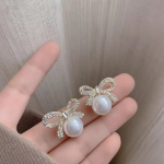 Bow Knot Pearl Earrings with Zircon – Korean Style (PJX-113) - Image 2