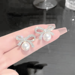 Bow Knot Pearl Earrings with Zircon – Korean Style (PJX-113) - Image 3