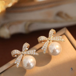 Bow sparkle diamond pearl stud earrings - Image 4