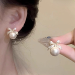 Bow sparkle diamond pearl stud earrings - Image 3