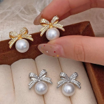 Bow sparkle diamond pearl stud earrings - Image 2