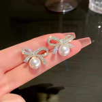 Bow Knot Pearl Earrings with Zircon – Korean Style (PJX-113) - Image 4