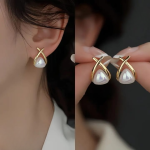 Trendy Korean Cross Pearl Earrings – Sculpted Design (AVT-114) - Image 4