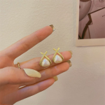 Trendy Korean Cross Pearl Earrings – Sculpted Design (AVT-114) - Image 2