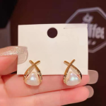 Trendy Korean Cross Pearl Earrings – Sculpted Design (AVT-114) - Image 3