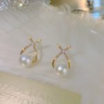 Elegant Golden Cross Pearl Zircon Earings Pearl Stud Earrings - Image 2